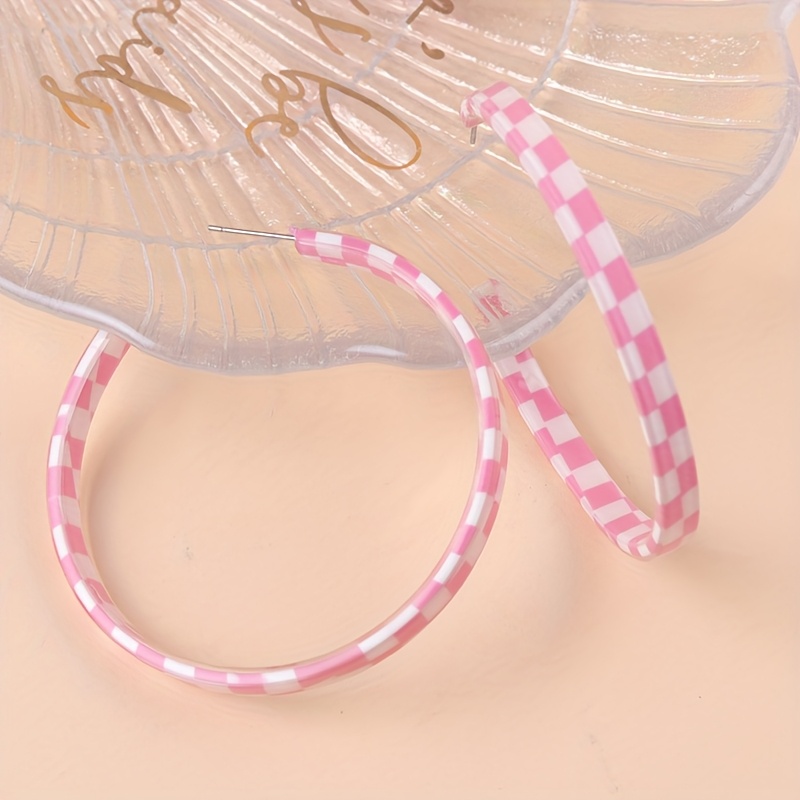 Women's Large Acrylic Checkerboard C-Shaped Hoop Earrings